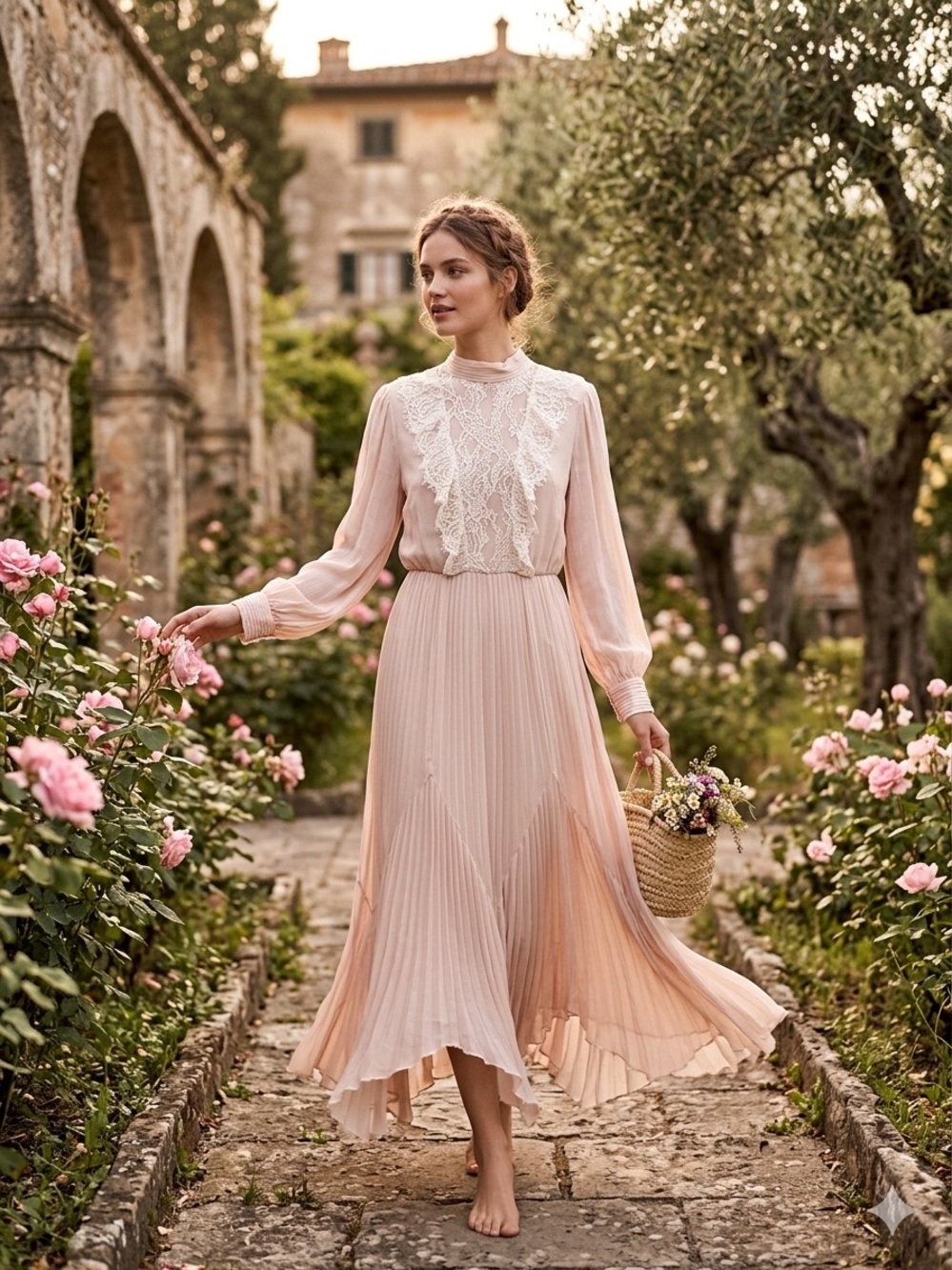 ZARA Romantic Blush Pink Pleated Lace Inset Maxi Dress High Neck Wedding Guest L